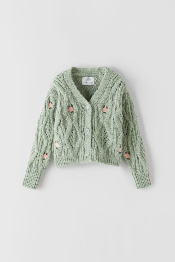 Zara CABLEKNIT CARDIGAN WITH FLORAL EMBROIDERY 82076724504