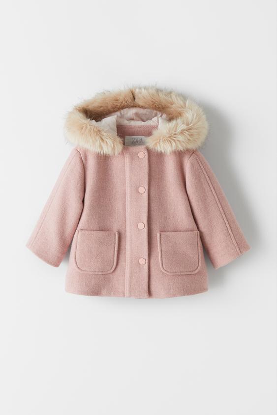 Zara SNAP BUTTON DUFFEL COAT WITH FAUX FUR HOOD - 58688269-620-