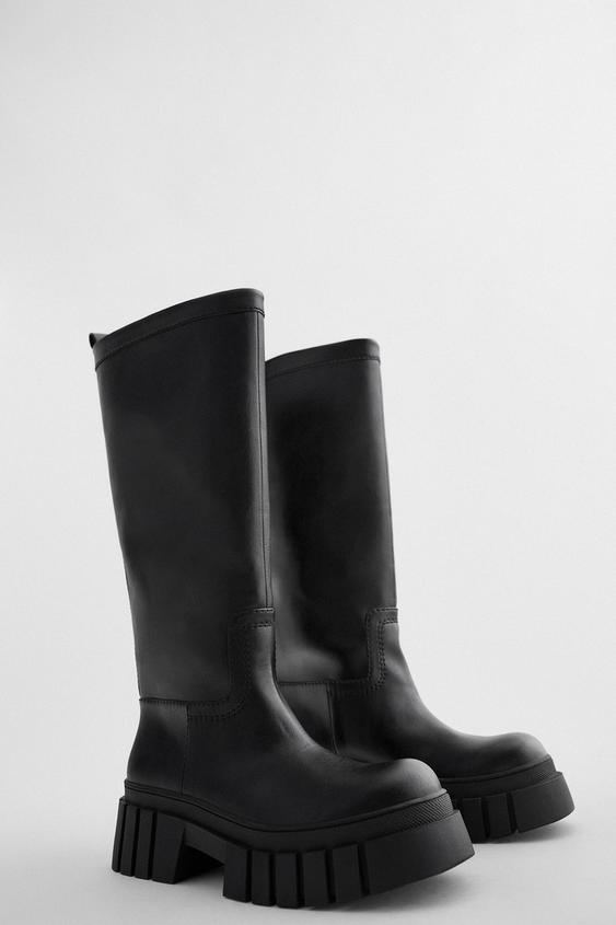 zara flat leather boots with track soles