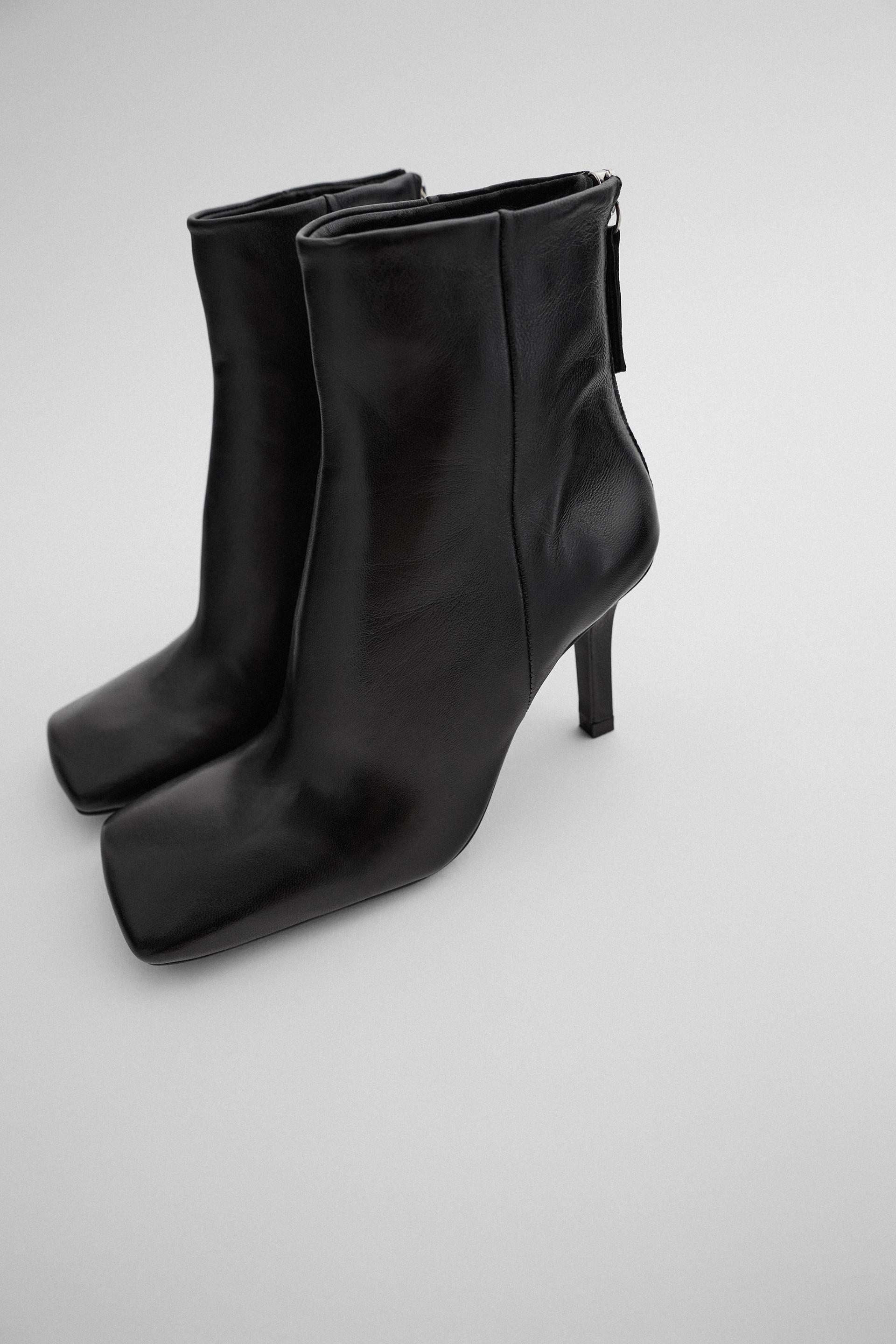 zara heeled leather square toe ankle boots