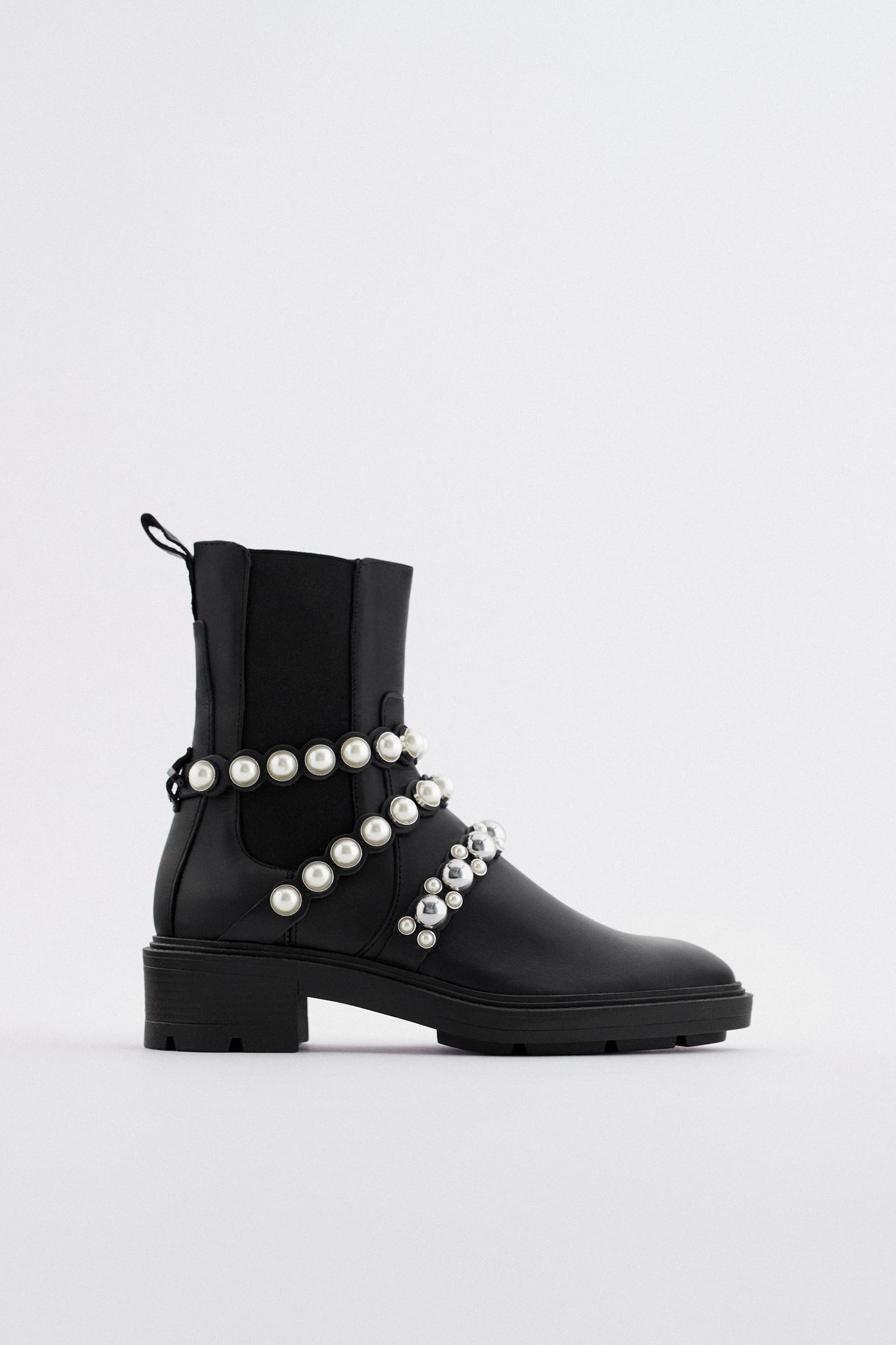 Zara - FLATFORM LEATHER ANKLE BOOTS WITH FAUX PEARL STRAPS