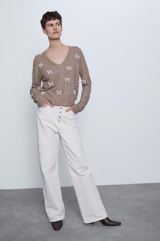 Zara pearl bow sweater Clearance