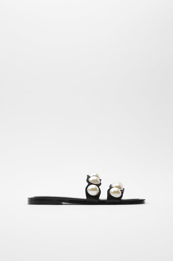 Zara FLAT LEATHER SANDALS WITH PEARLS - 55219465-040-