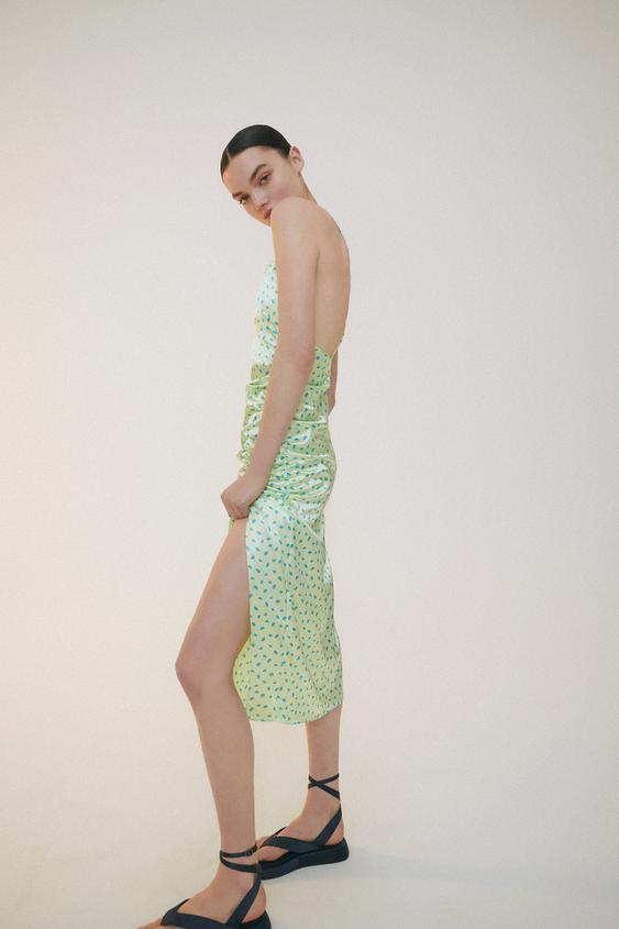 satin effect print dress green zara