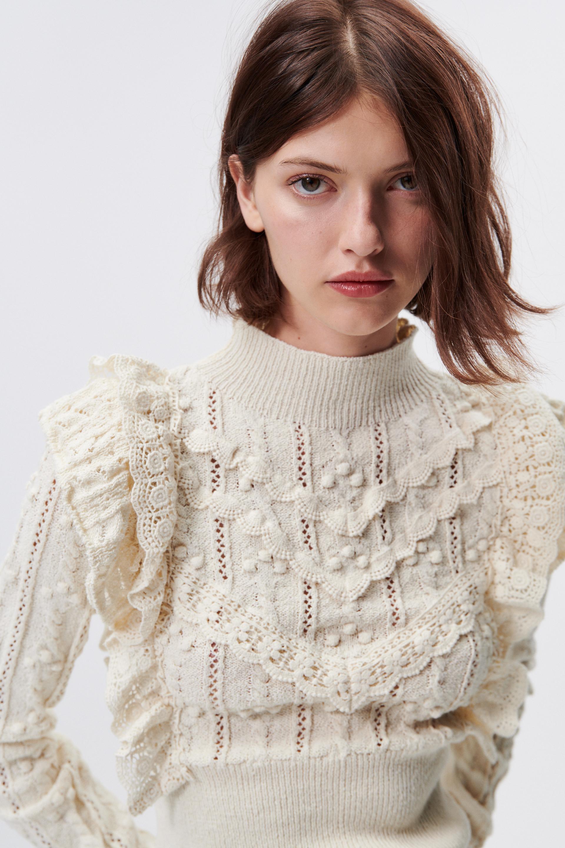Zara POINTELLE RUFFLED KNIT SWEATER 123025954712