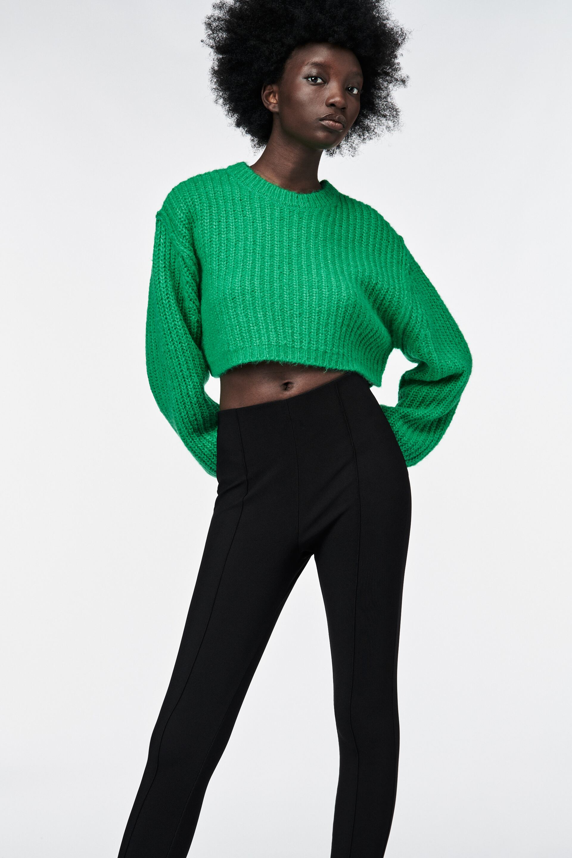 Zara CROPPED KNIT SWEATER WITH BALLOON SLEEVES - 138550687-500-