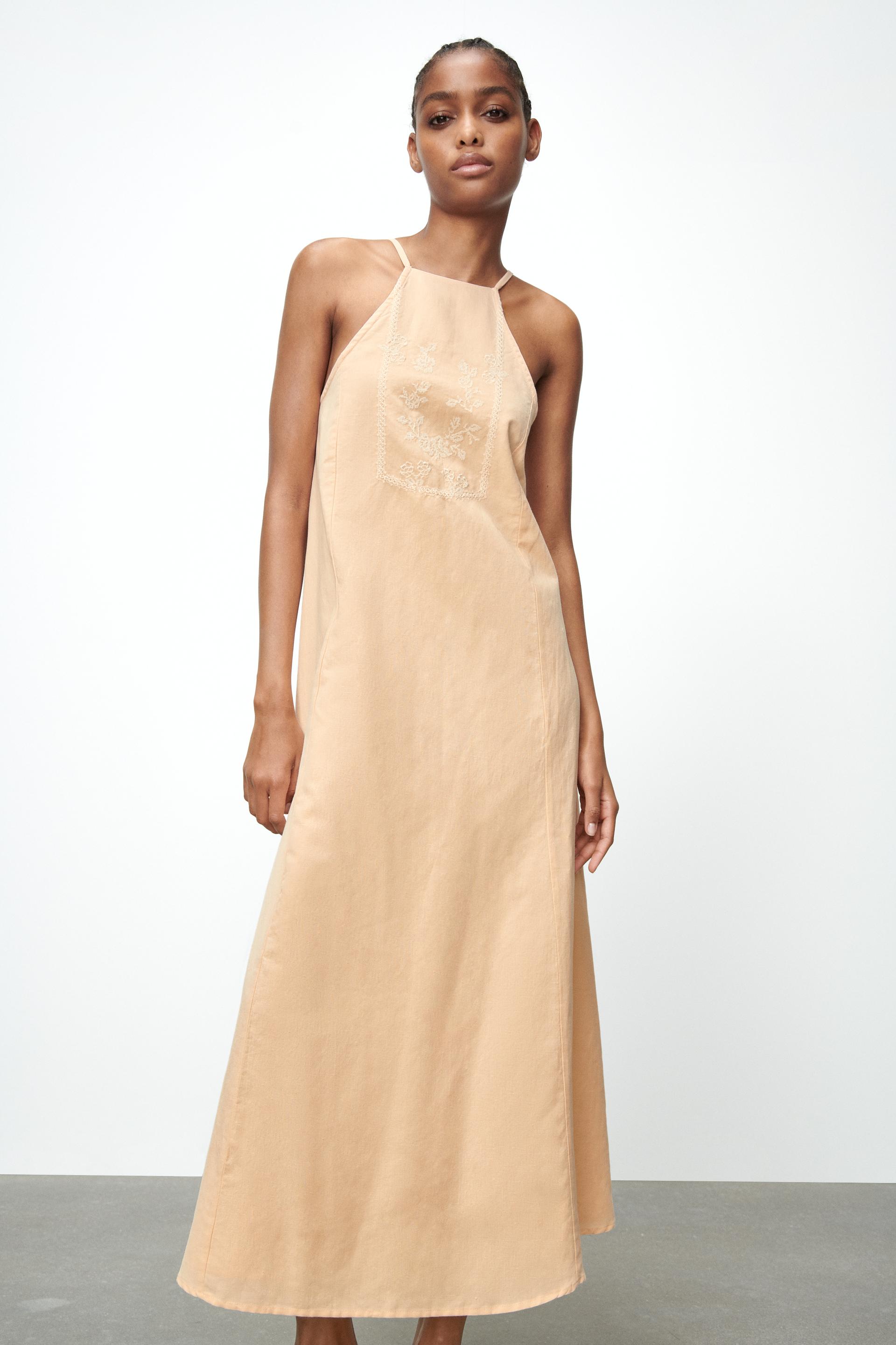 Zara LINEN BLEND DRESS WITH EMBROIDERY - 109007461-942- embroidered linen blend dress zara
