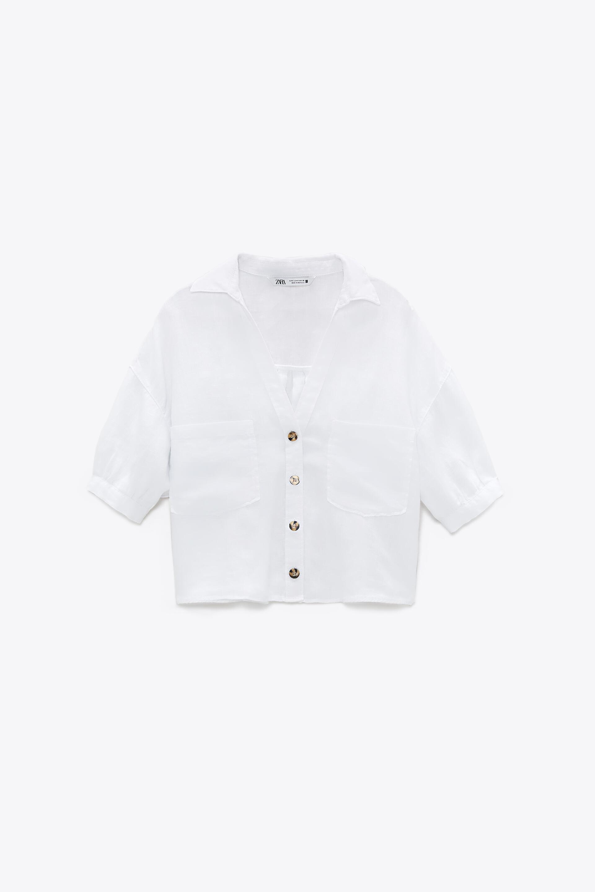 100 Linen Zara Cropped Shirt Pocket Light Blue OVERSIZED Runs Big Measurements Women Women's