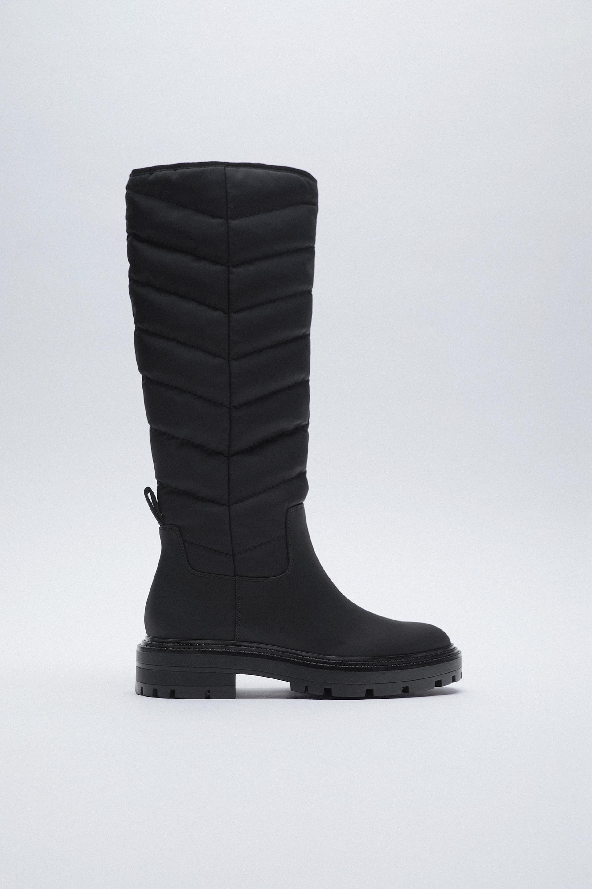 zara quilted flat knee high boots