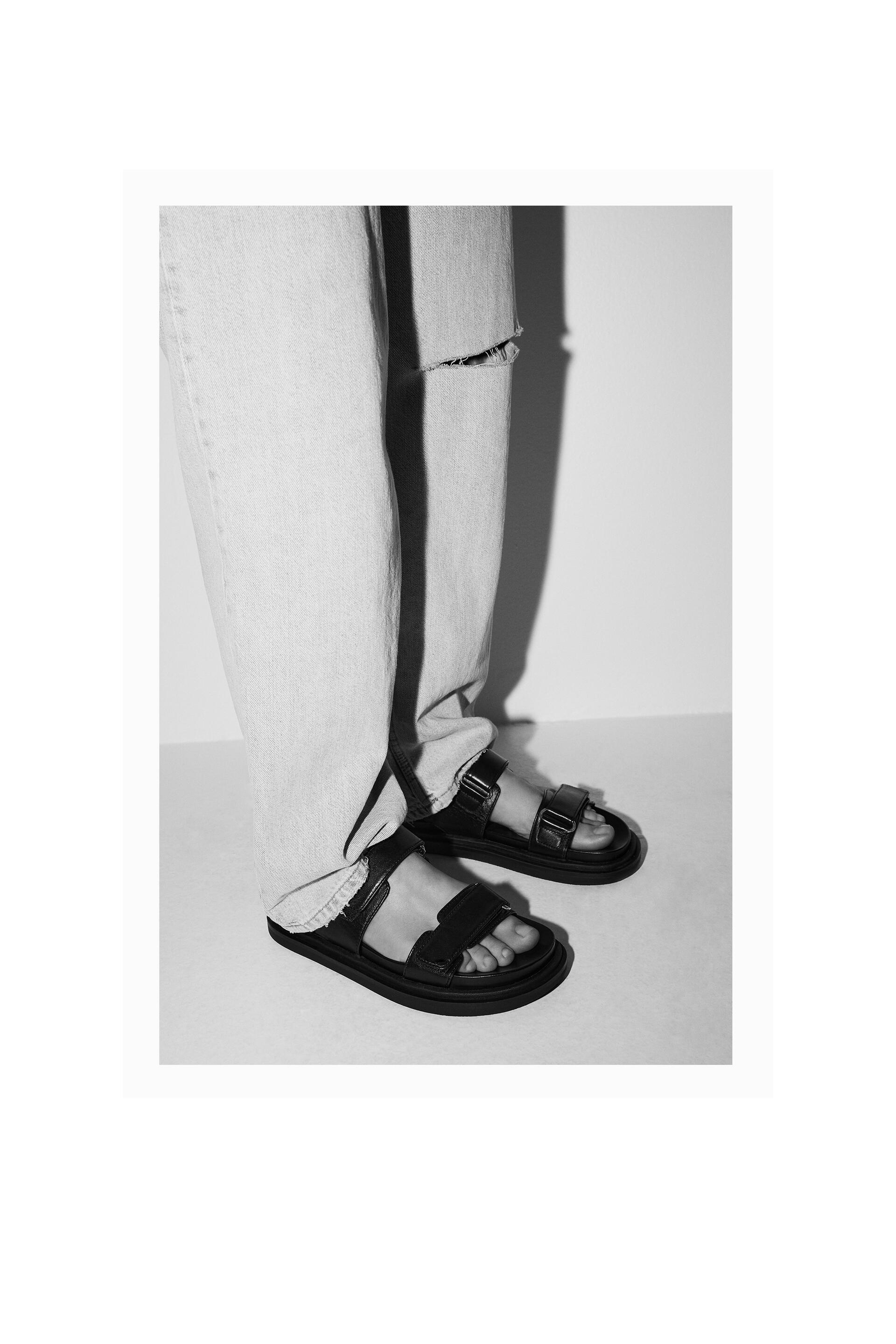 adhesive strap low heel leather sandals
