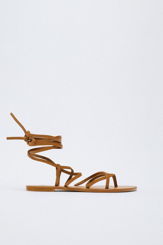 zara tied flat leather sandals