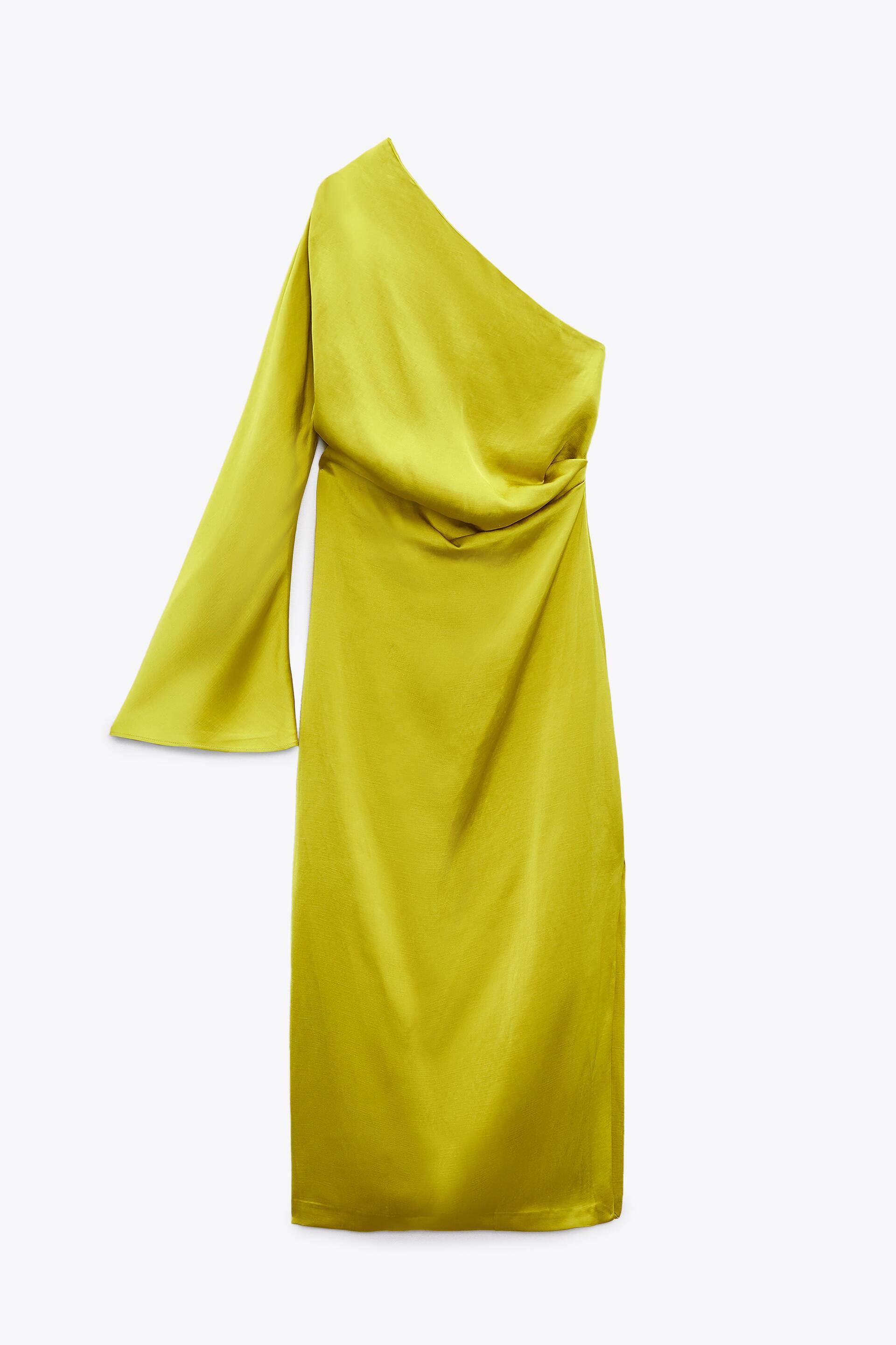 ZARA WOMAN NWT SS22 LIME GREEN SATIN EFFECT ASYMMETRIC DRESS ALL SIZES
