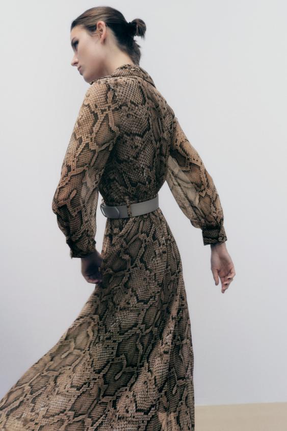 Robe Zara En Soie - Imprimé Animalier Brun/Noir - Taille L - Occasion Très Bon État