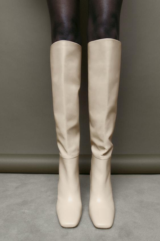 LEATHER BLOCK HEEL KNEEHIGH BOOTS Ecru White ZARA Turkey vlr.eng.br