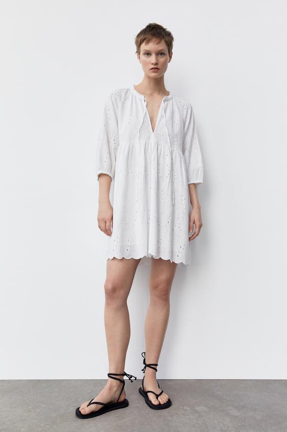 Zara LINEN BLEND DRESS WITH CUTWORK EMBROIDERY - 153595478-250- embroidered linen blend dress zara