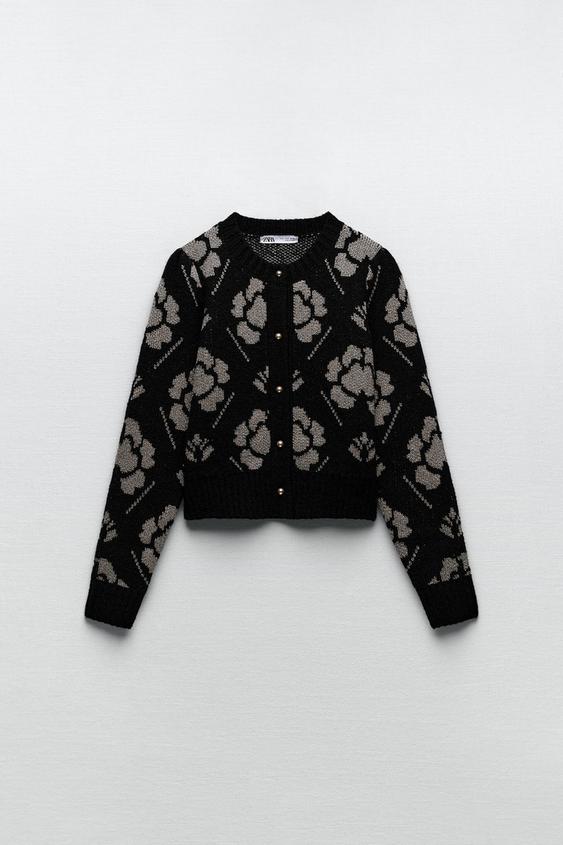 FLORAL KNIT CARDIGAN WITH METALLIC THREAD Black gold ZARA New Zealand