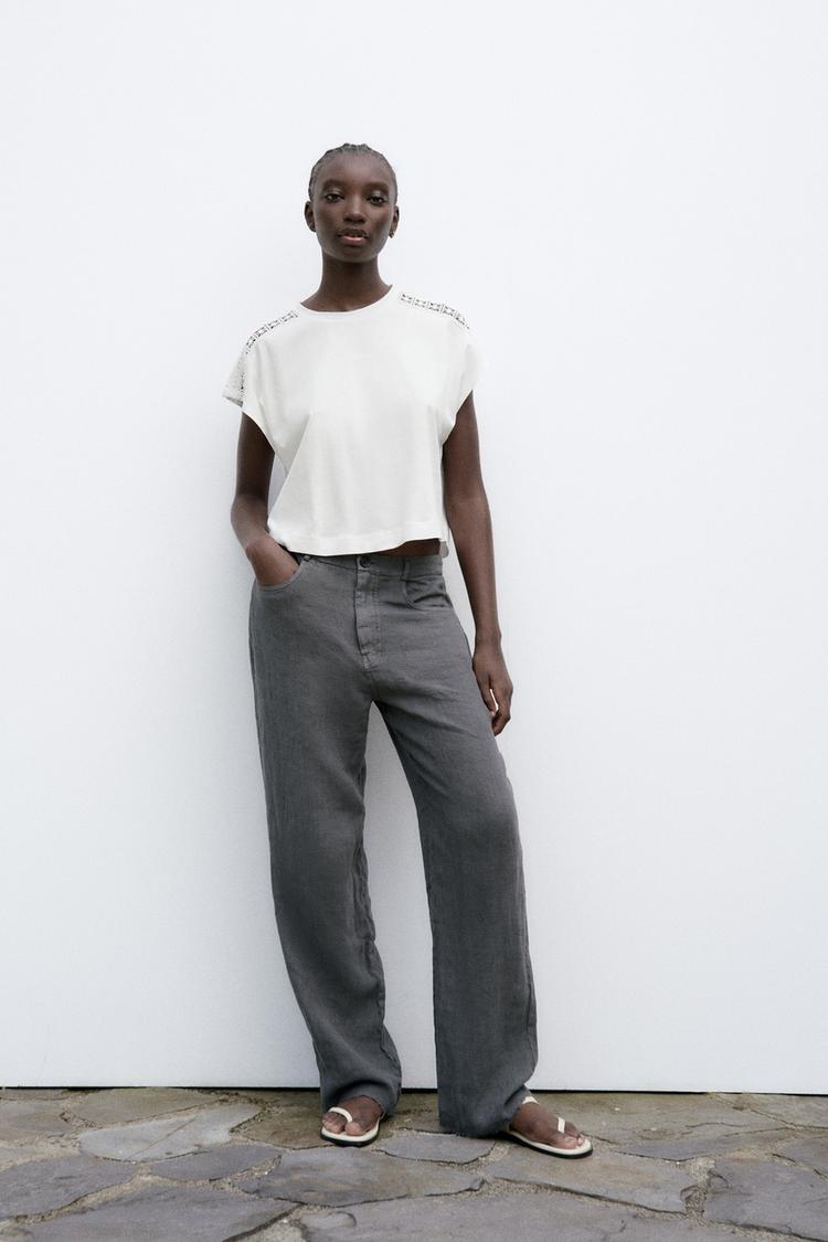 CONTRAST EMBELLISHED TRIM T-SHIRT