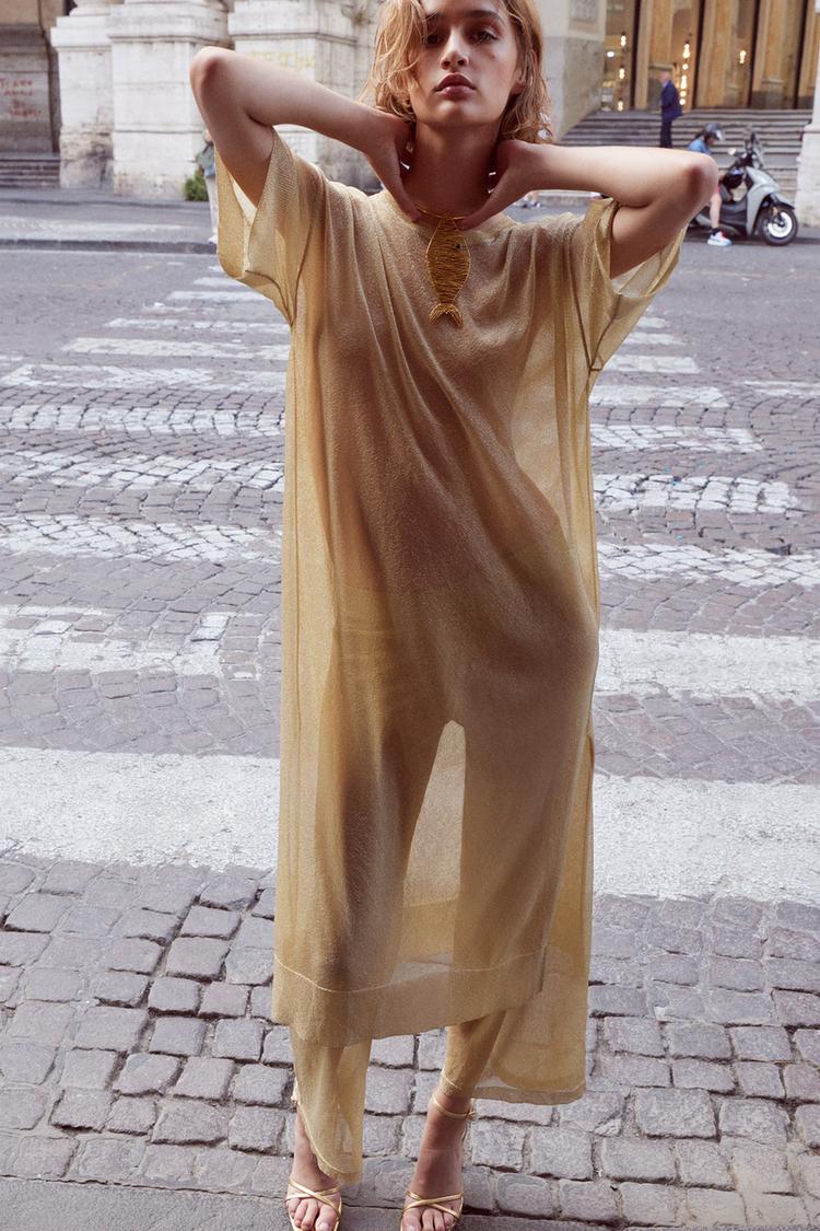 METALLIC THREAD TUNIC KNIT DRESS