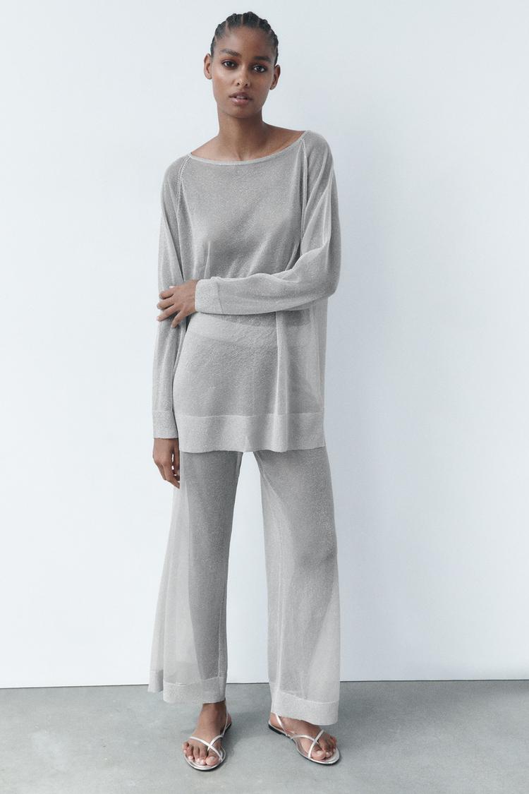 METALLIC THREAD KNIT STRAIGHT LEG TROUSERS