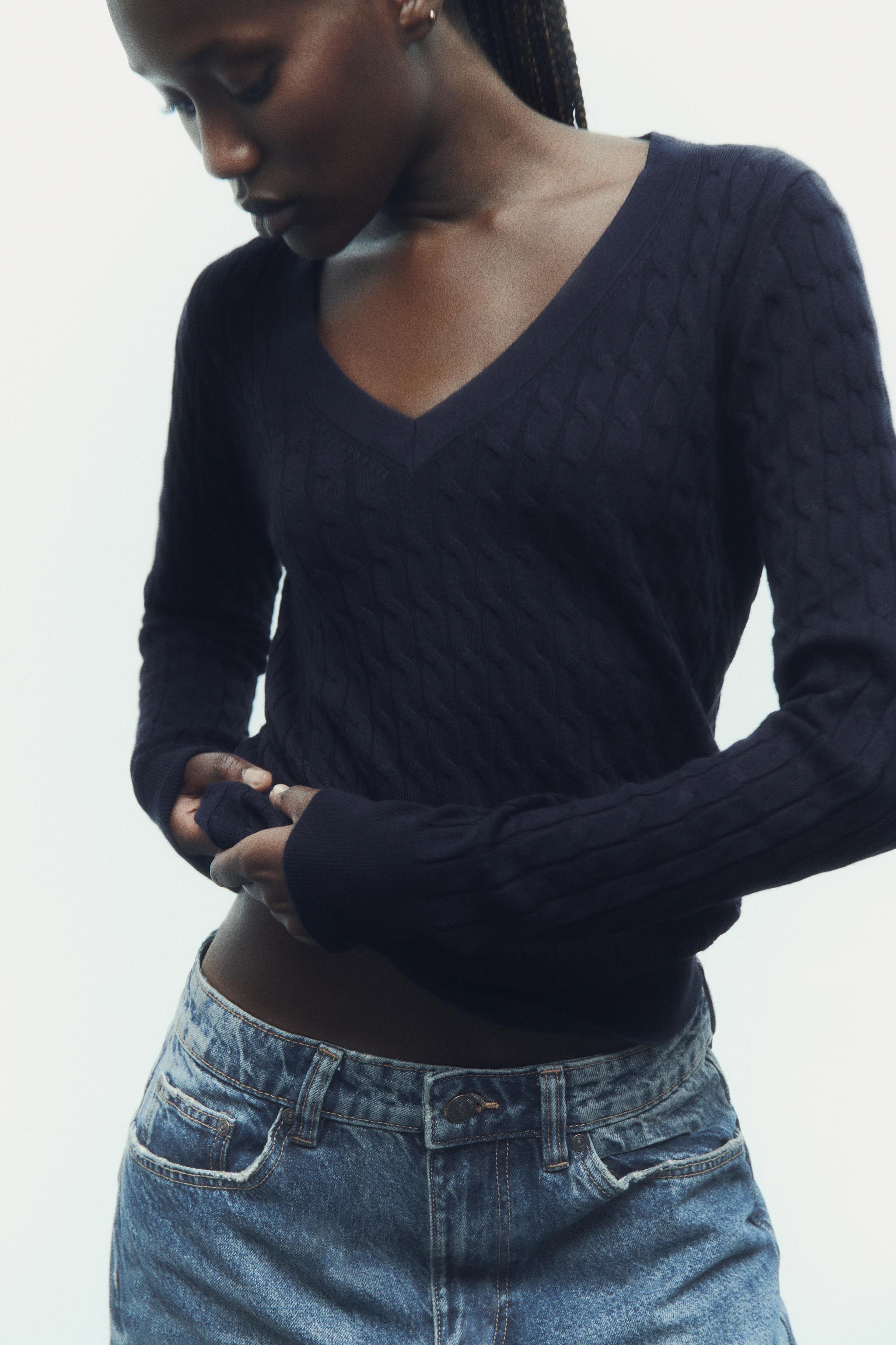 Black v neck cable knit sweater discount