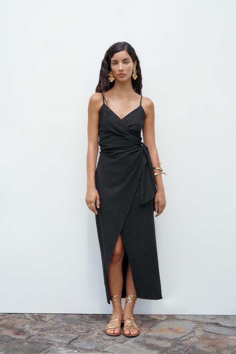 LINEN BLEND SLIP DRESS WITH KNOT