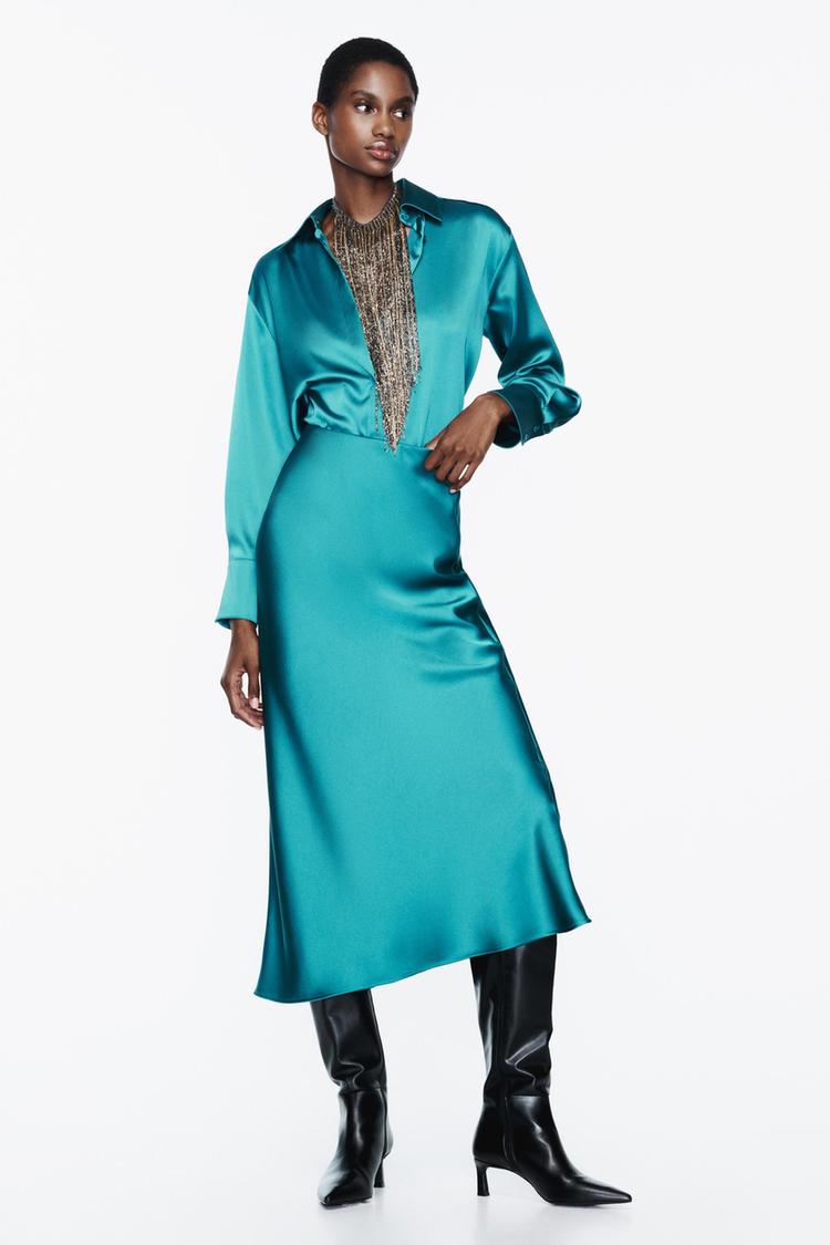 SATIN EFFECT MIDI SKIRT