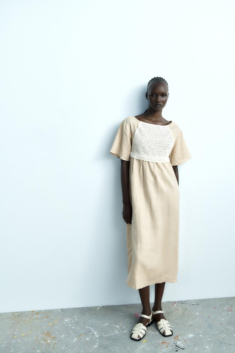 CONTRAST KNIT LINEN BLEND DRESS