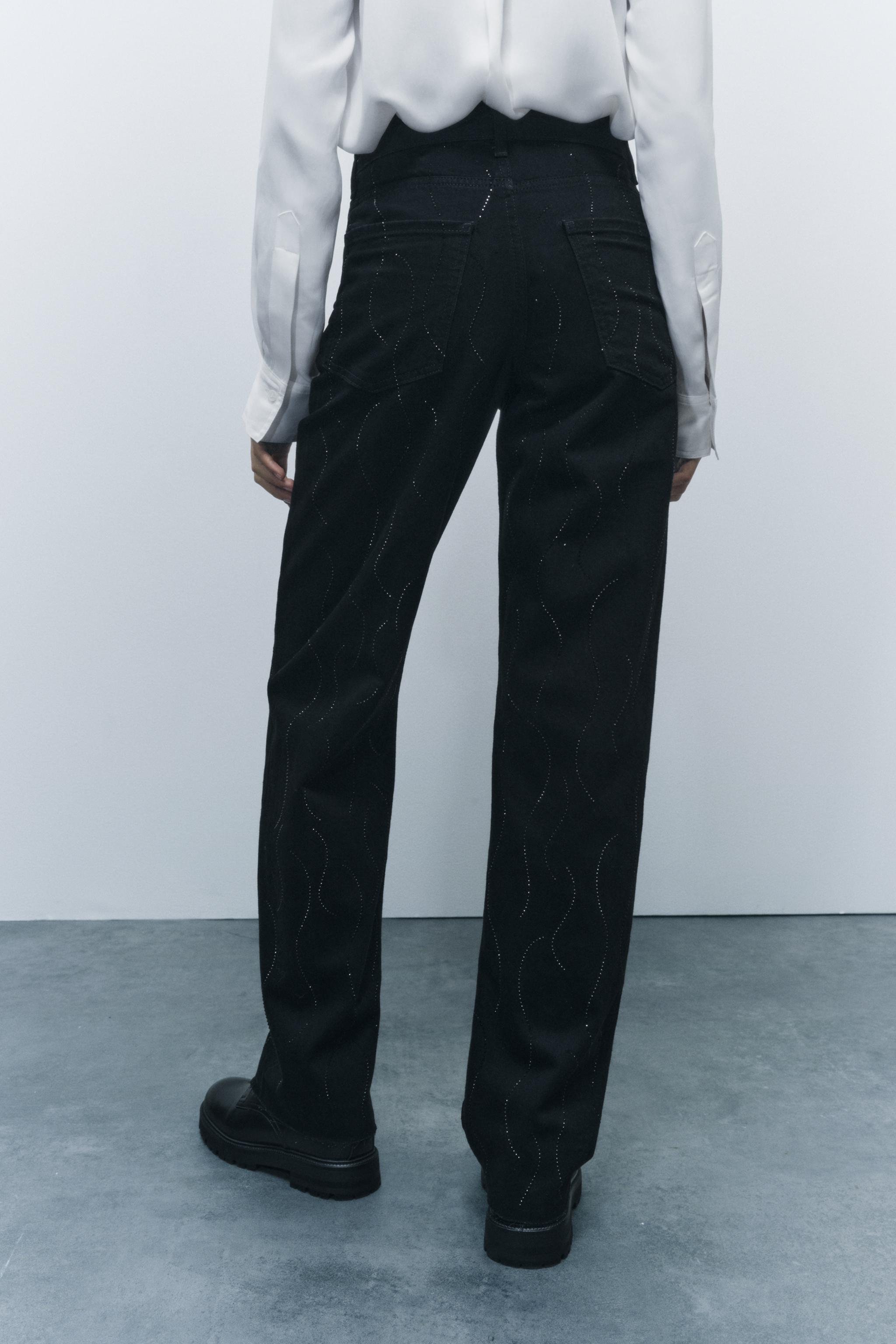 Zara STRAIGHT CUT MID RISE RHINESTONE JEANS ZW COLLECTION