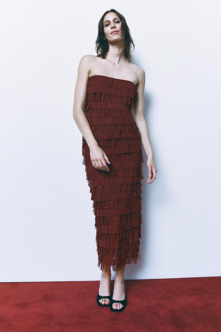 STRAPLESS TULLE DRESS WITH FRINGING