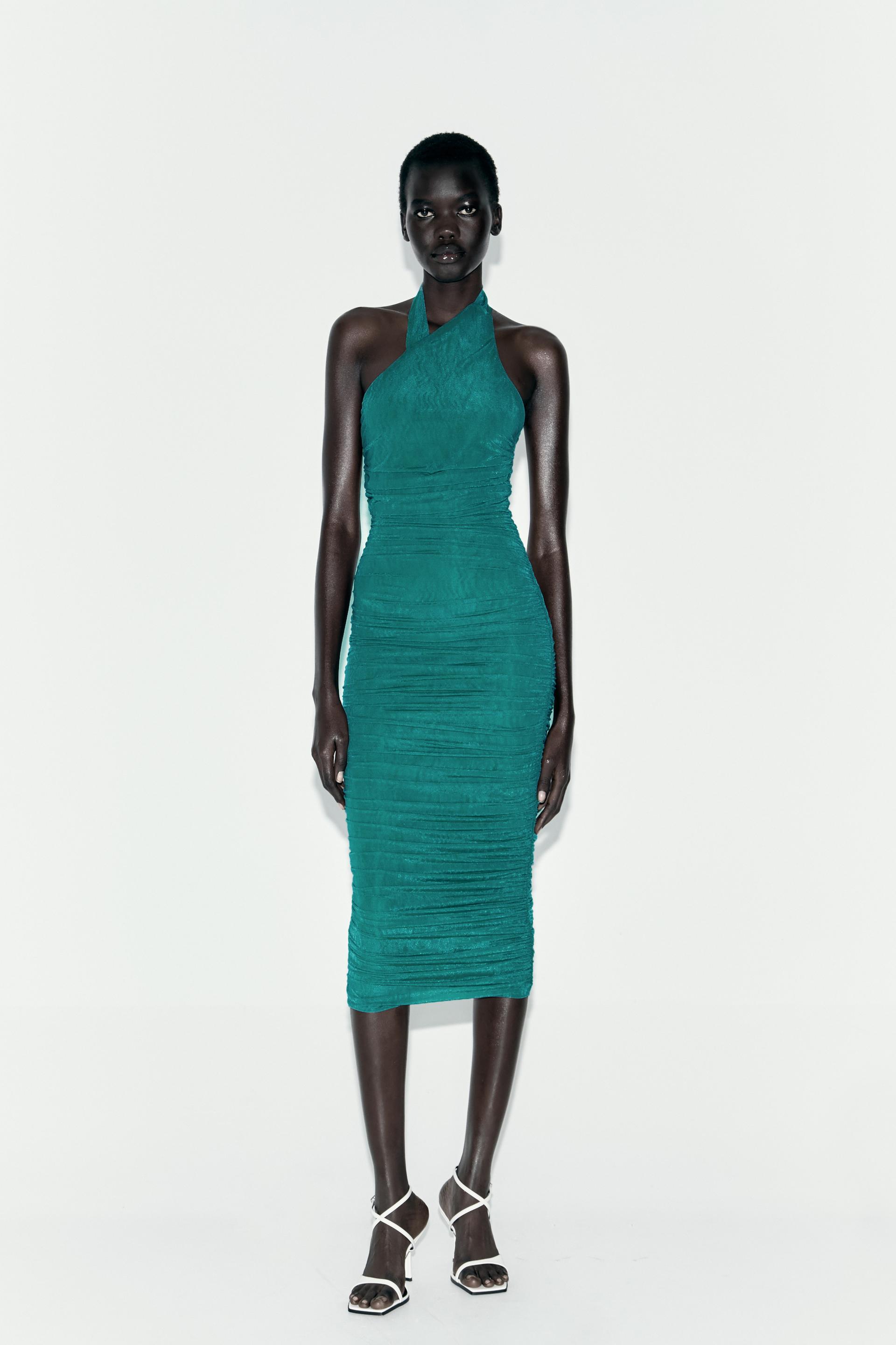 VESTIDO JUSTO HALTER EM ORGANZA Verde azul ZARA Angola