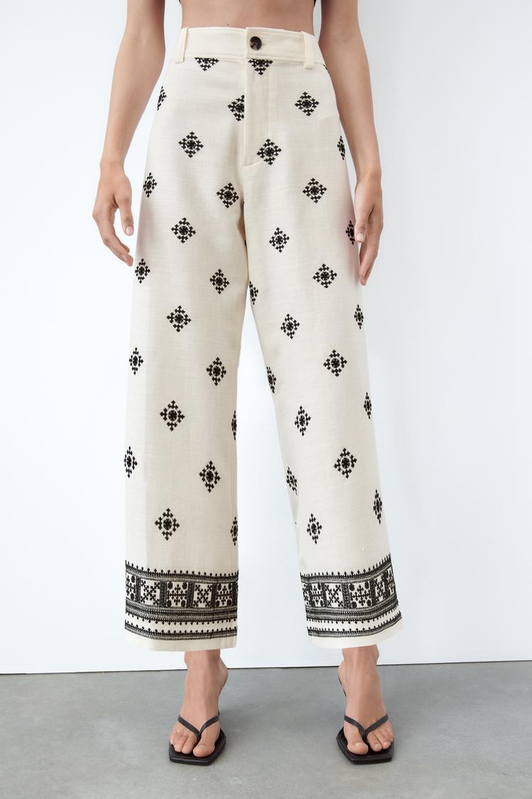 PRINTED LINEN BLEND TROUSERS