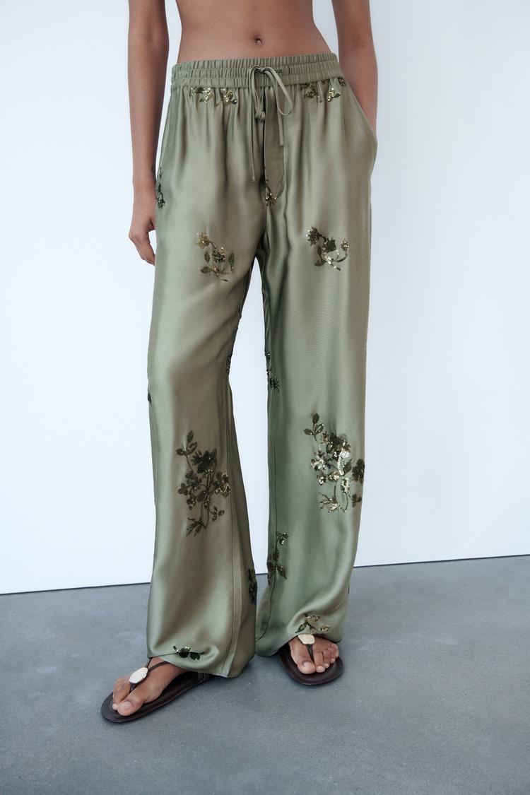 SEQUINNED SATIN TROUSERS