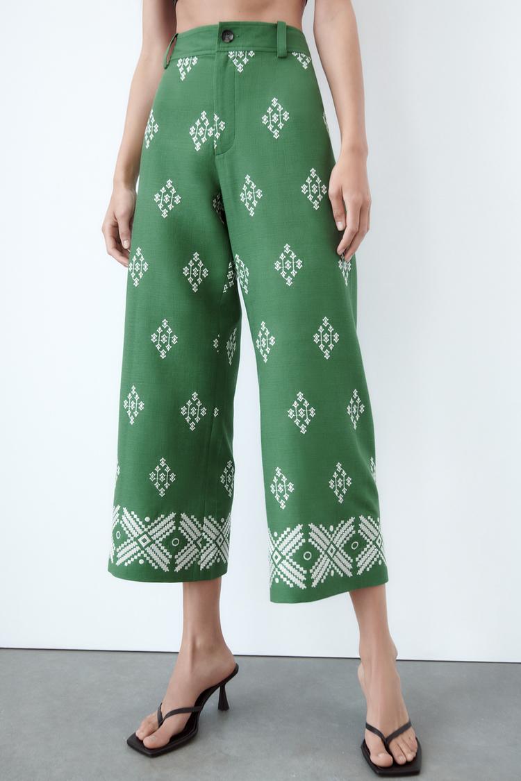 EMBROIDERED LINEN BLEND TROUSERS