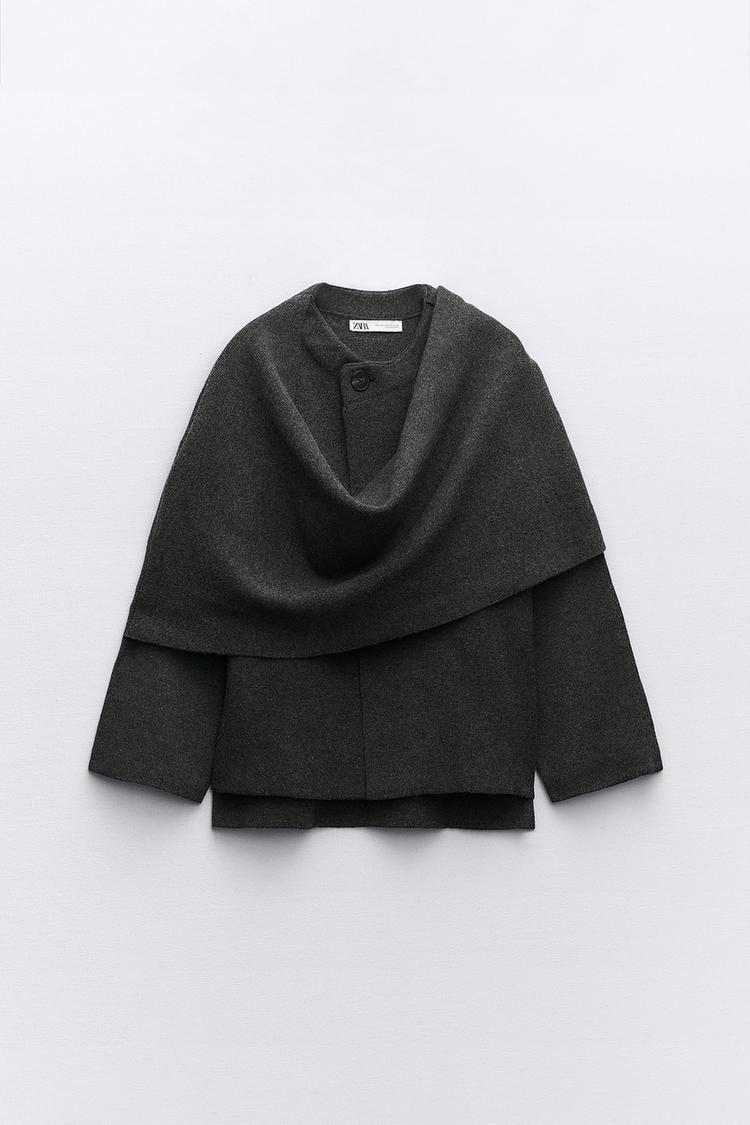 CROP KNIT COAT WITH ASYMMETRICAL SCARF