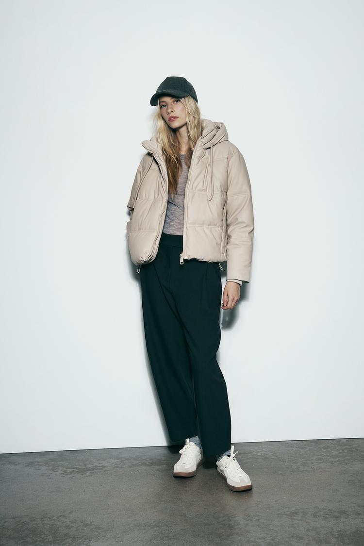 WIND PROTECTION FAUX LEATHER CROPPED PUFFER ANORAK