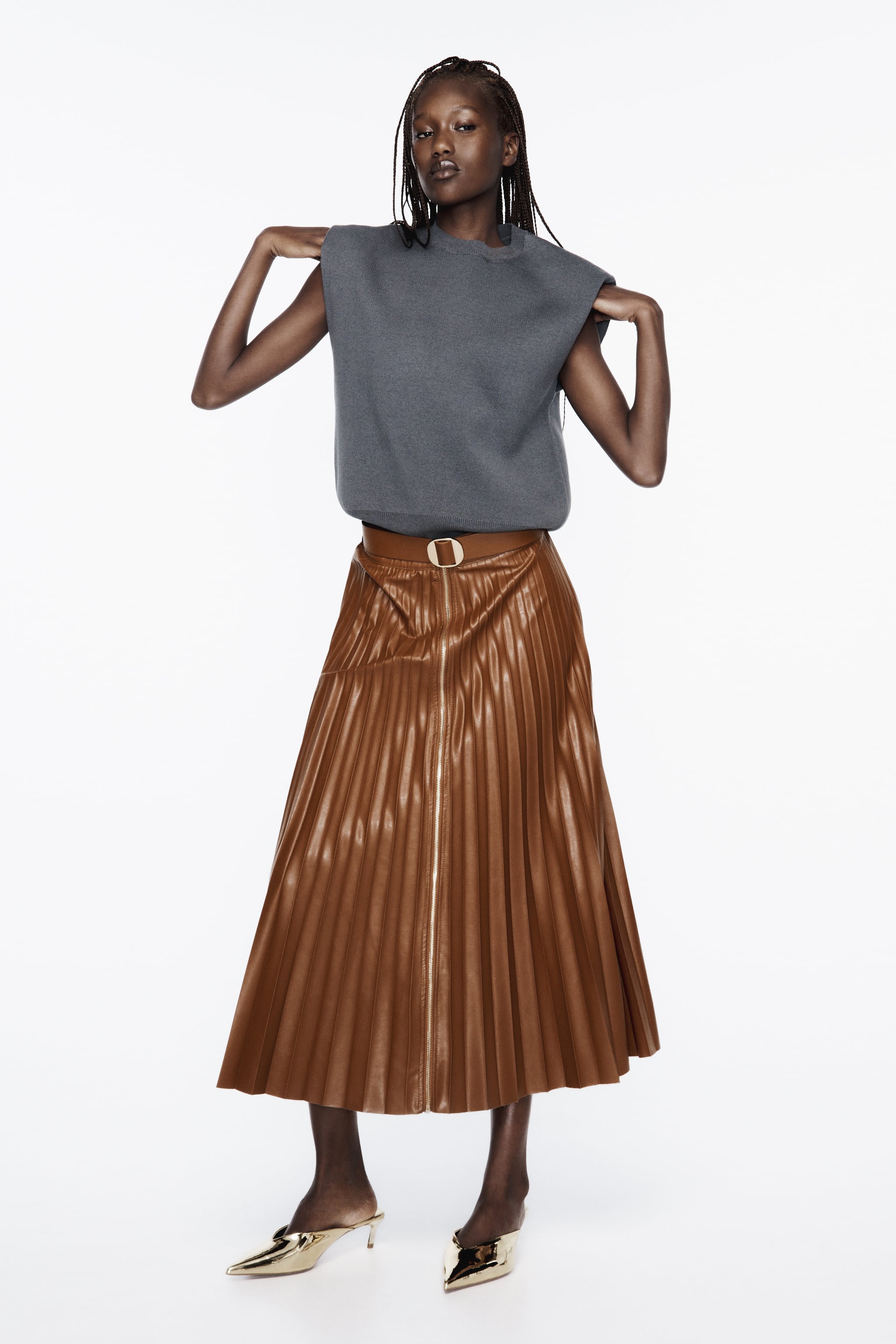 Zara BELTED FAUX LEATHER PLEATED MIDI SKIRT