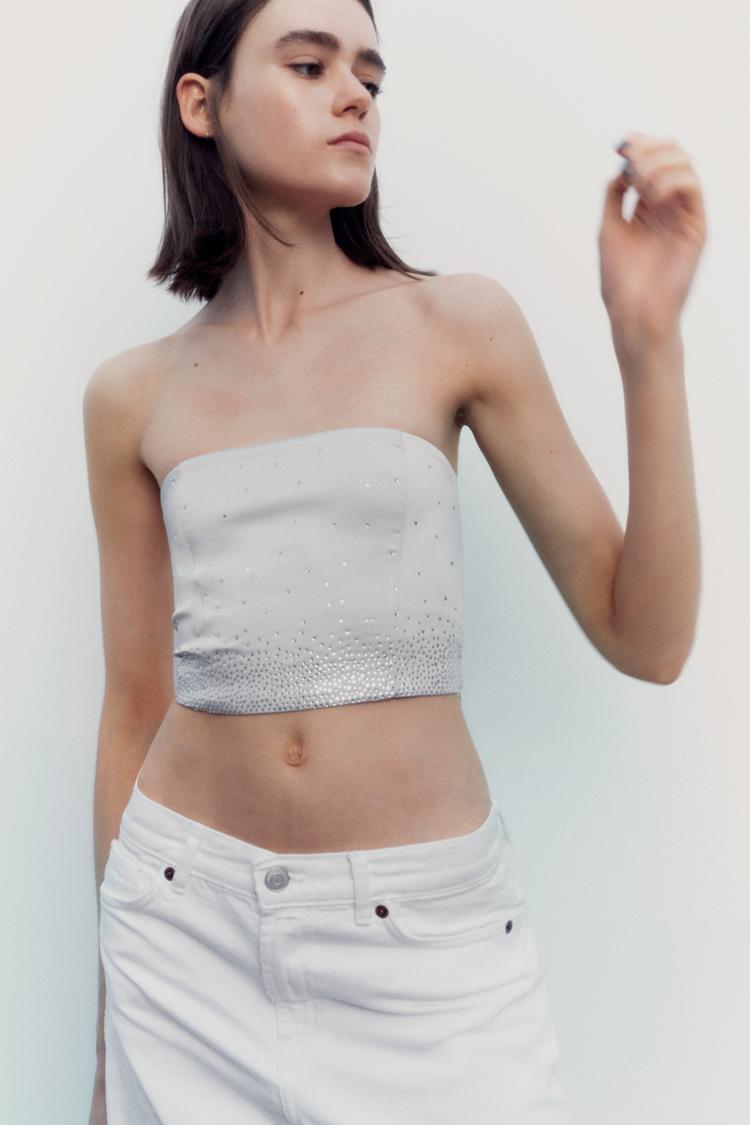 SATIN STRAPLESS TOP WITH RHINESTONES