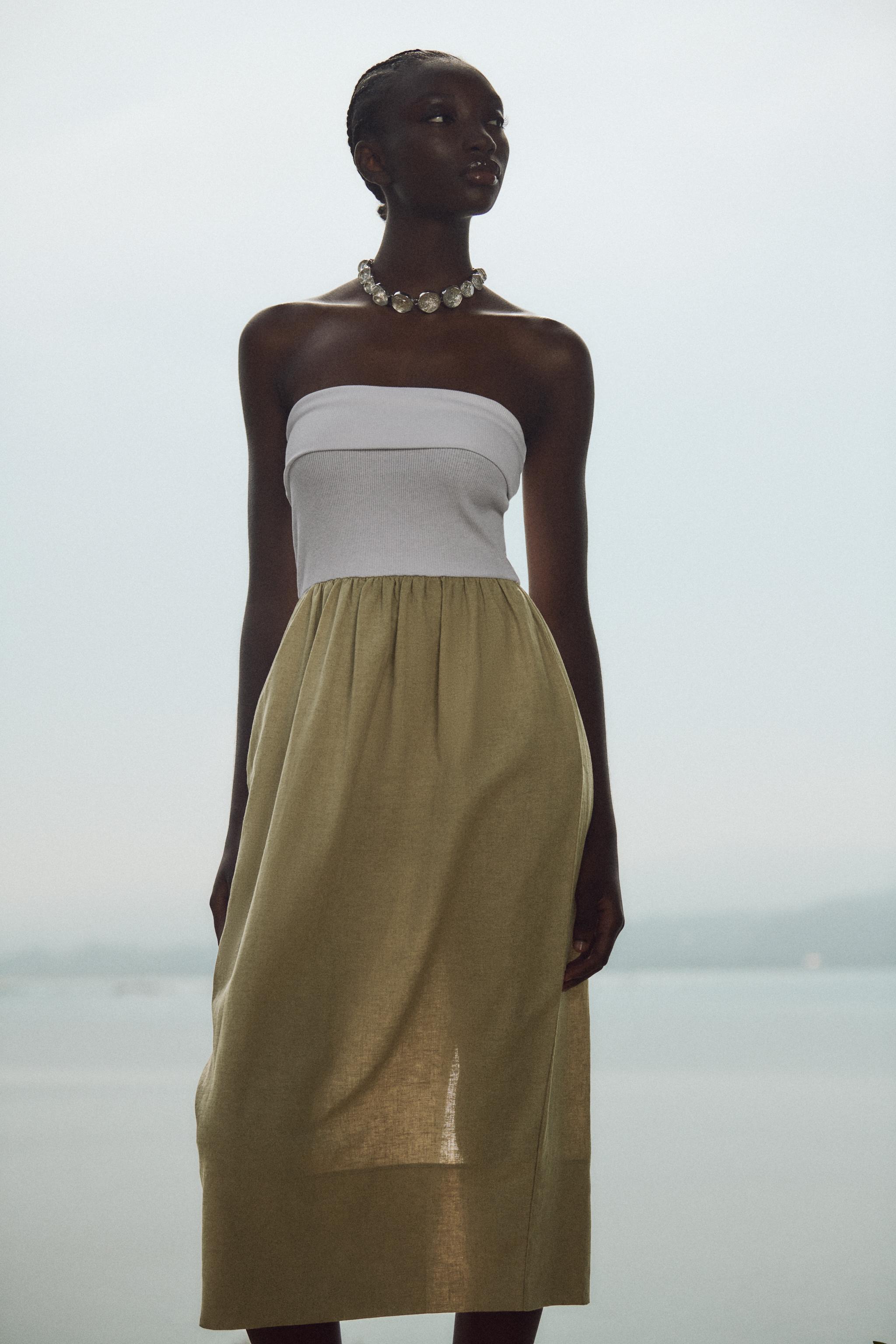 Green Pleated Long Linen Dress Women 3253 Green Pleated Long Linen Dress Women 3253