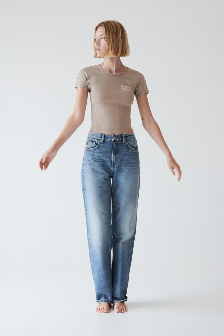 FADED RIBBED T-SHIRT WITH SLOGAN