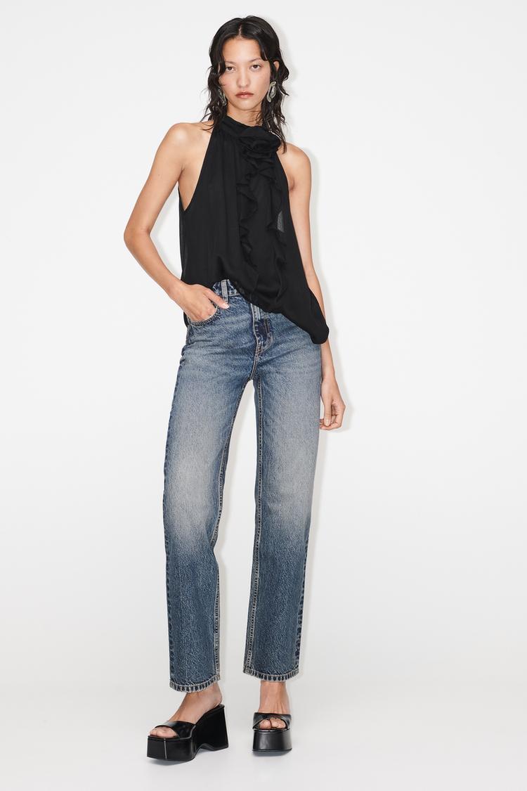 RUFFLED FLORAL HALTER TOP