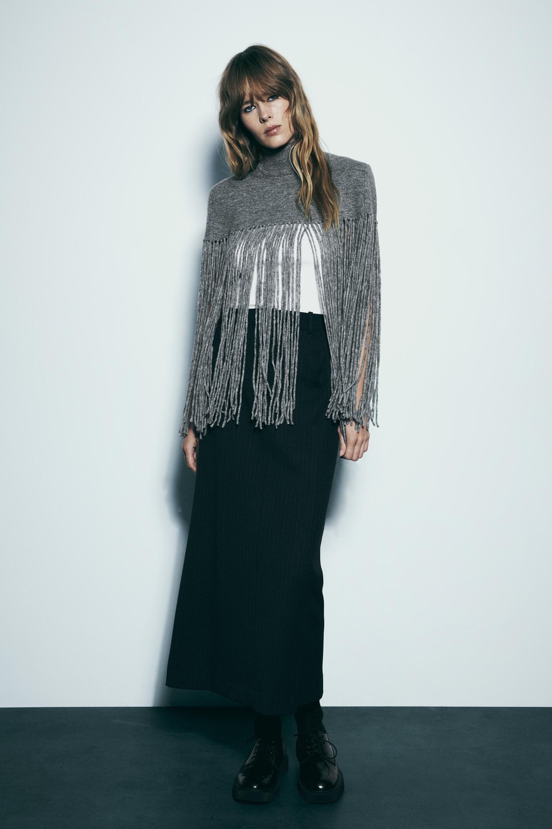 KNIT CAPE WITH FRINGING Grey ZARA New Zealand
