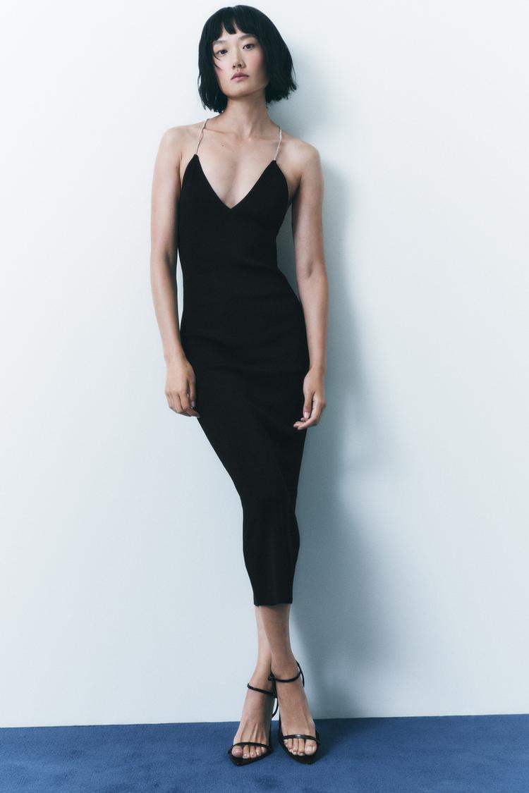 RHINESTONE STRAP KNIT DRESS