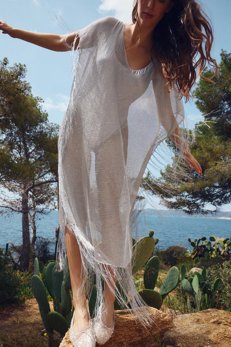 KAFTAN DRESS WITH METALLIC THREAD FRINGING