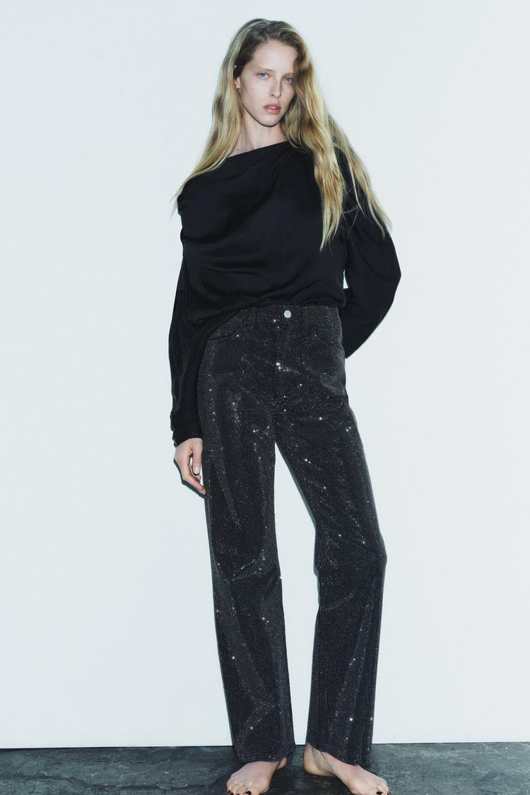 STRAIGHT CUT MID RISE RHINESTONE JEANS ZW COLLECTION
