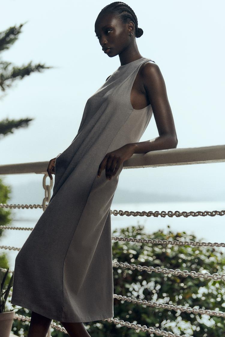 CONTRAST LINEN BLEND DRESS