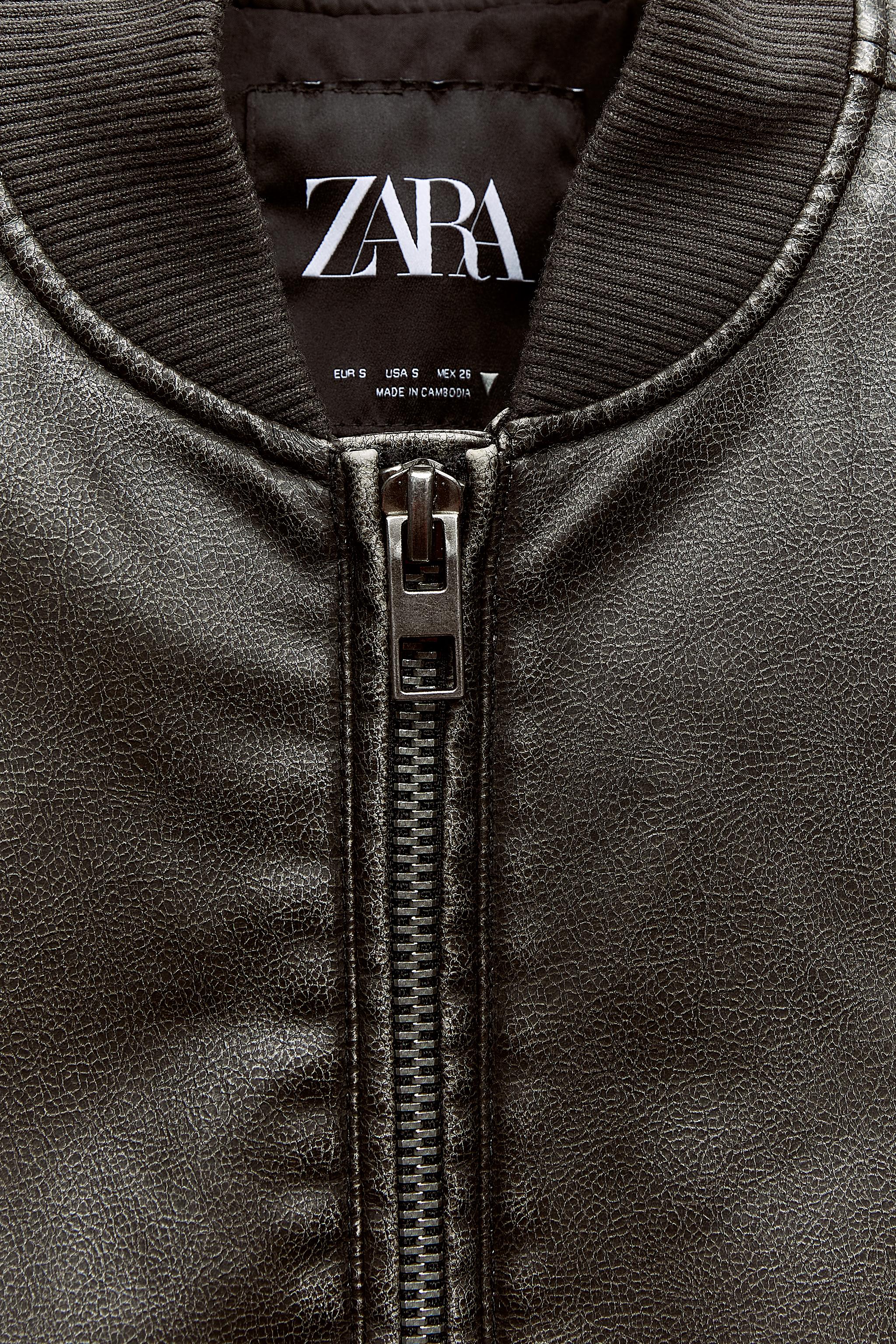 Zara DISTRESSED FAUX LEATHER OVERSIZED BOMBER JACKET