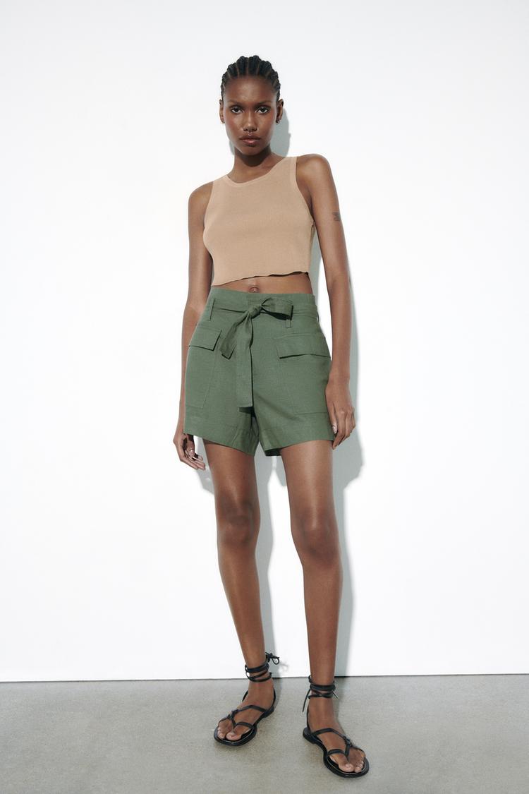 LINEN BLEND BELTED BERMUDA SHORTS