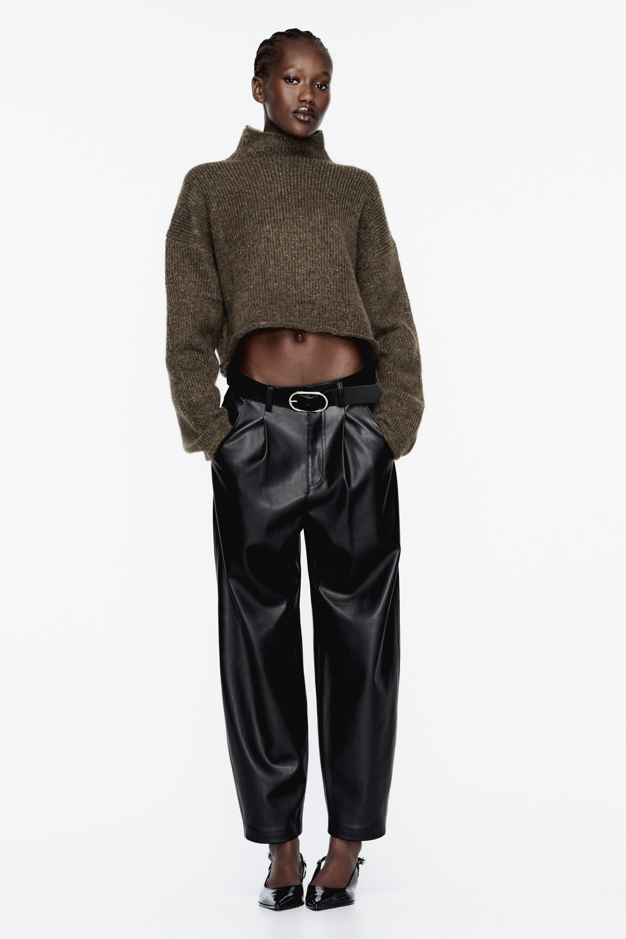 BELTED PLEATED FAUX LEATHER PANTS