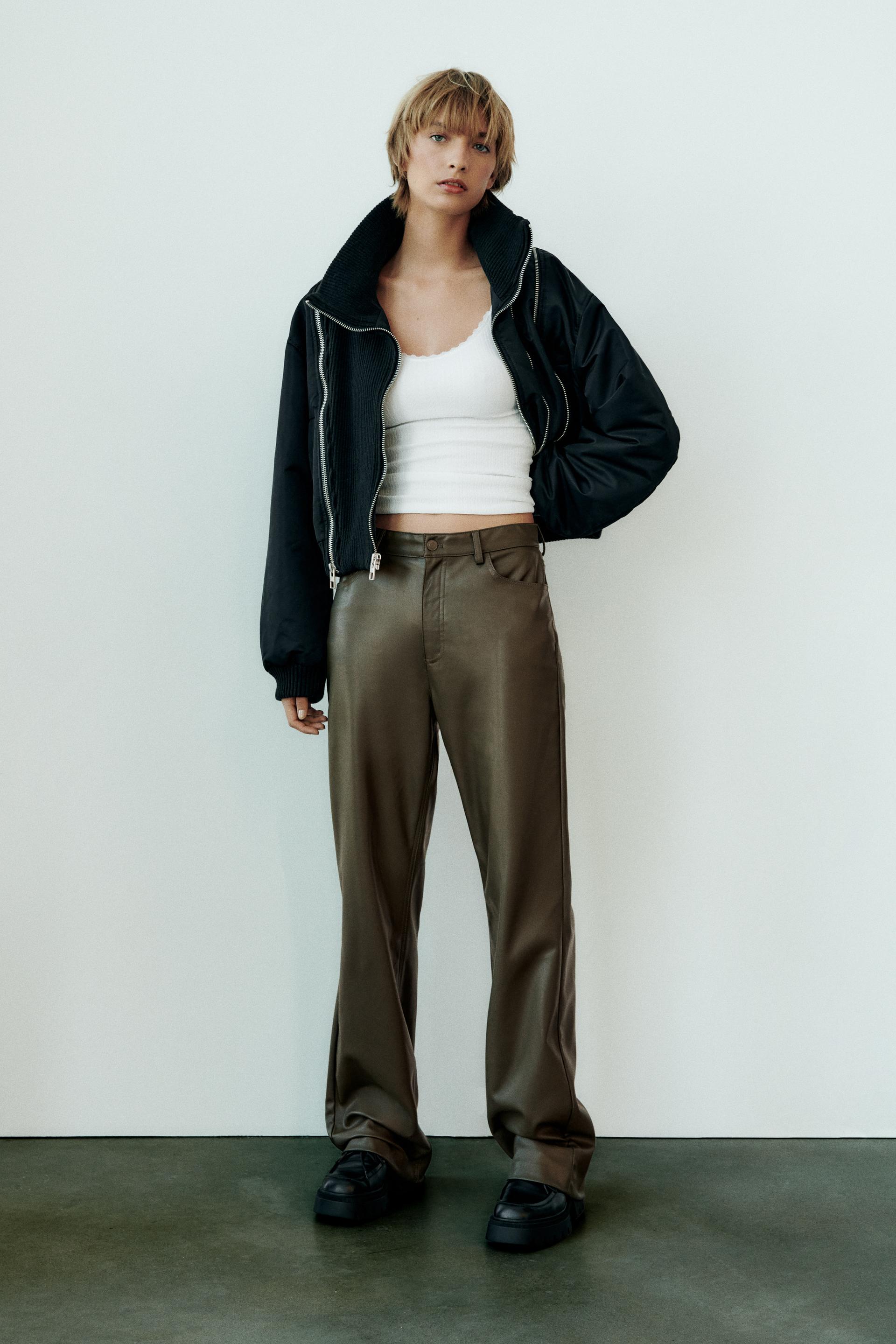 LEATHER EFFECT FULL LENGTH TROUSERS Khaki ZARA Thailand