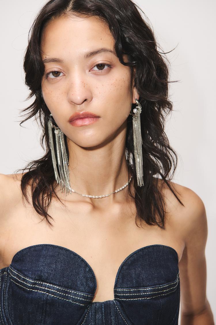 CHAIN EARRINGS WITH FAUX PEARLS AND RHINESTONES